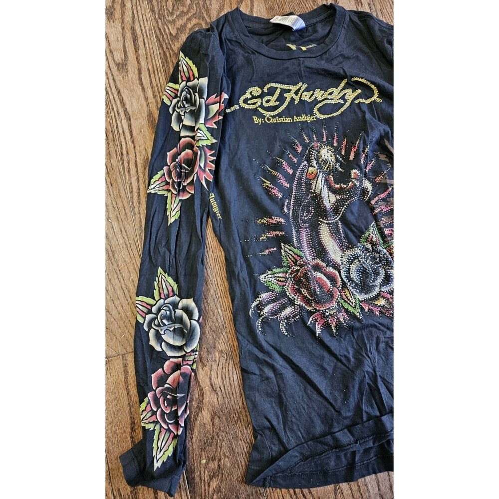 Vtg Y2K Ed Hardy Black Panther Roses Rhinestones Long Sleeve Top Size S - Picture 12 of 12